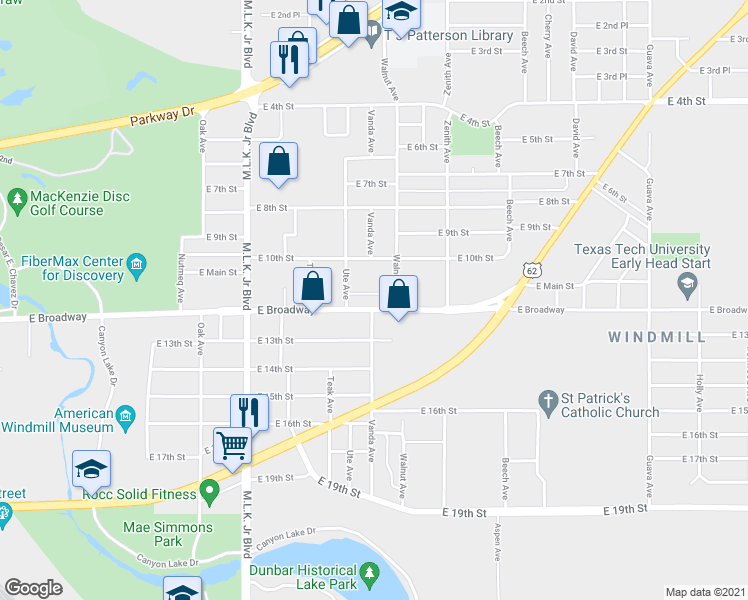 map of restaurants, bars, coffee shops, grocery stores, and more near 2119 East Broadway in Lubbock
