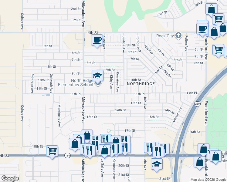 map of restaurants, bars, coffee shops, grocery stores, and more near 1102 Kirby Avenue in Lubbock