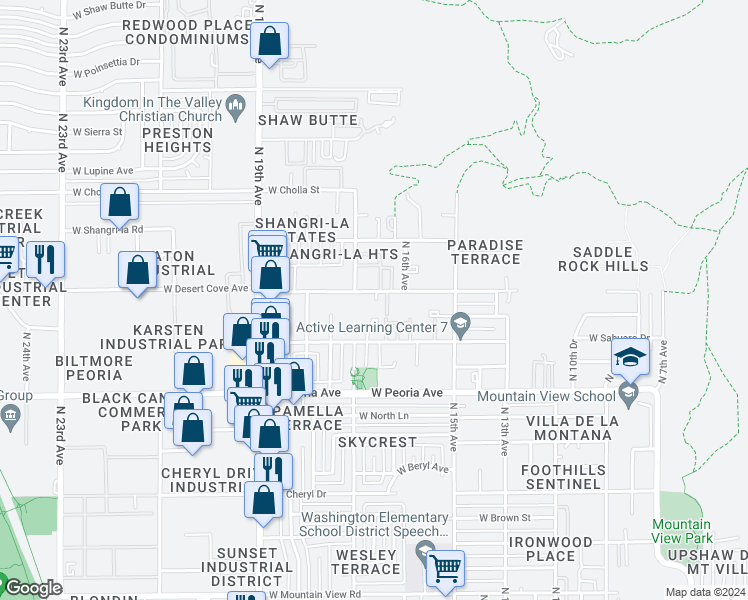 map of restaurants, bars, coffee shops, grocery stores, and more near 1627 West Desert Cove Avenue in Phoenix