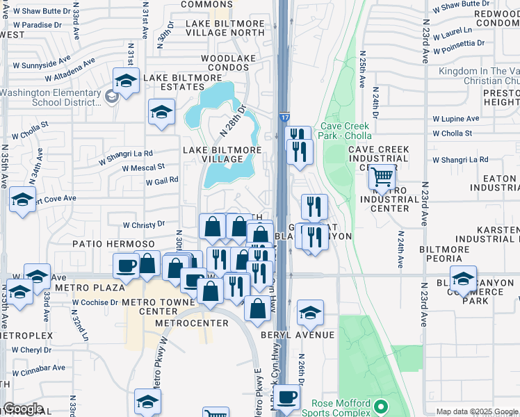 map of restaurants, bars, coffee shops, grocery stores, and more near 10828 North Biltmore Drive in Phoenix