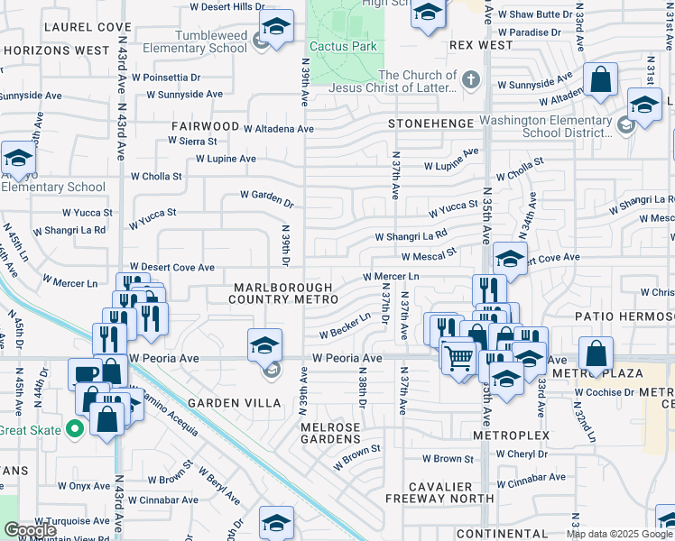 map of restaurants, bars, coffee shops, grocery stores, and more near 3827 West Desert Cove Avenue in Phoenix