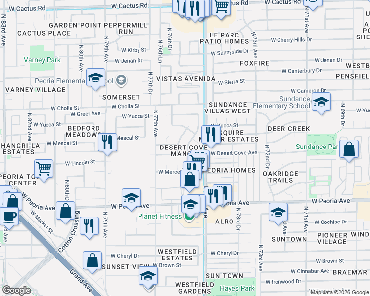 map of restaurants, bars, coffee shops, grocery stores, and more near 11001 North 76th Avenue in Peoria