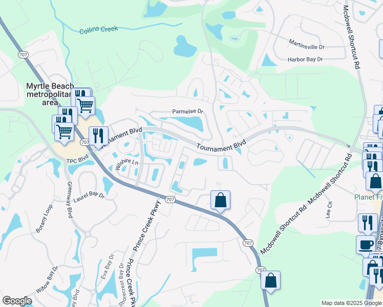 map of restaurants, bars, coffee shops, grocery stores, and more near 460B Woodpecker Lane in Murrells Inlet