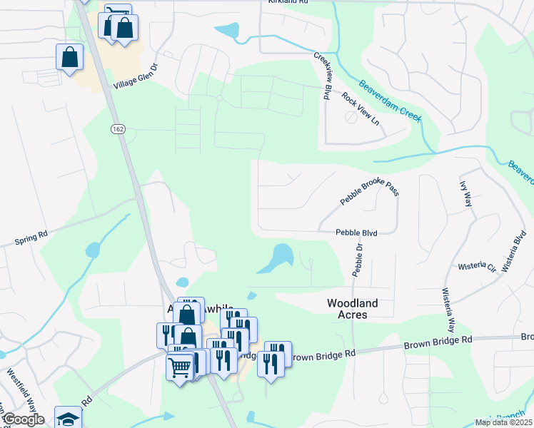 map of restaurants, bars, coffee shops, grocery stores, and more near 620 Pebble Boulevard in Covington