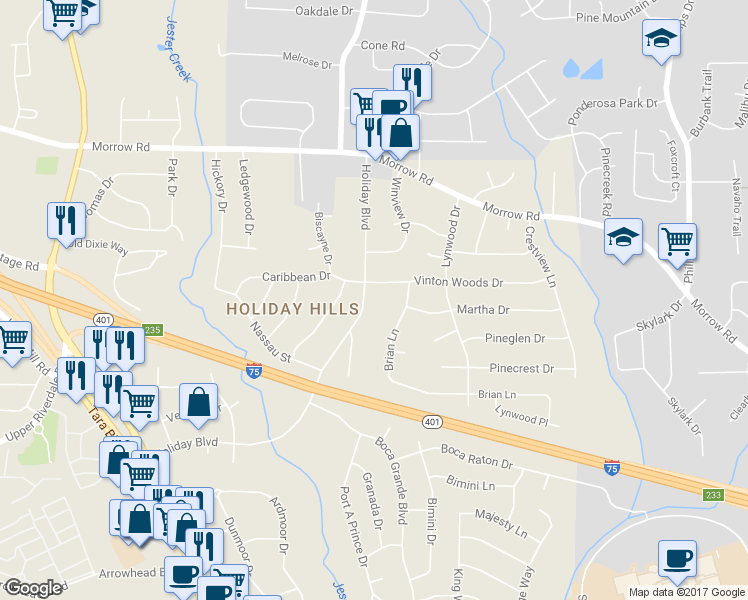 map of restaurants, bars, coffee shops, grocery stores, and more near 6192 Holiday Boulevard in Forest Park
