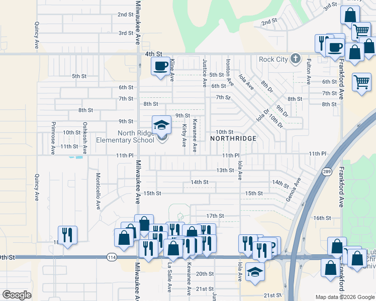 map of restaurants, bars, coffee shops, grocery stores, and more near 1102 Kirby Avenue in Lubbock