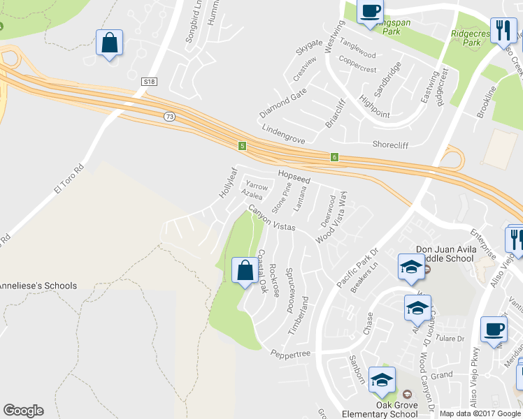 map of restaurants, bars, coffee shops, grocery stores, and more near 36 Baneberry in Aliso Viejo