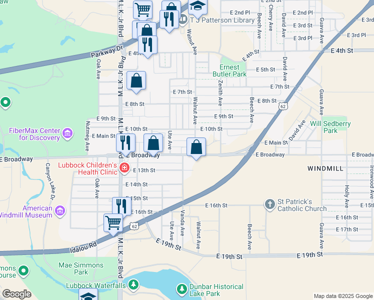 map of restaurants, bars, coffee shops, grocery stores, and more near 2119 East Broadway in Lubbock
