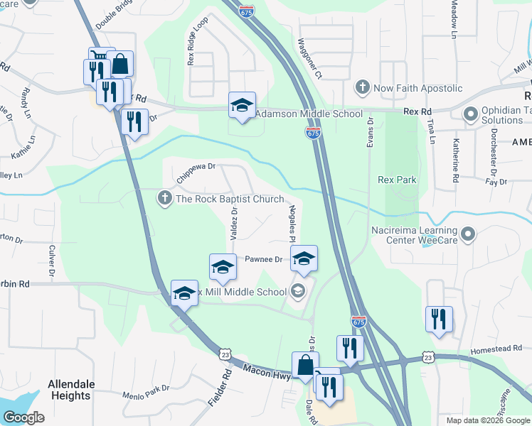 map of restaurants, bars, coffee shops, grocery stores, and more near 3244 Blackfoot Lane in Rex
