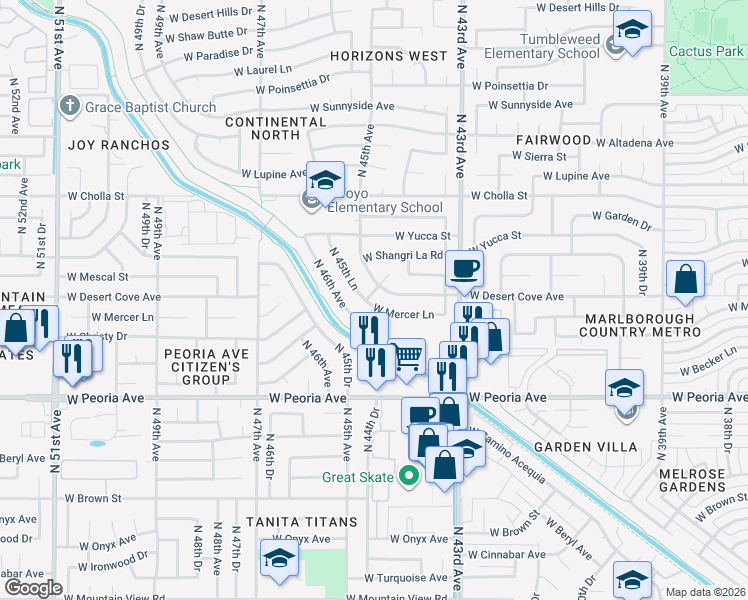 map of restaurants, bars, coffee shops, grocery stores, and more near 4433 West Mercer Lane in Glendale