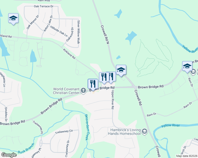 map of restaurants, bars, coffee shops, grocery stores, and more near 11406 Brown Bridge Road in Covington