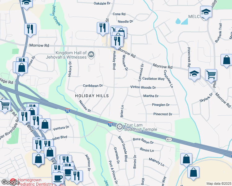 map of restaurants, bars, coffee shops, grocery stores, and more near 6192 Holiday Boulevard in Forest Park