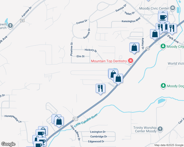 map of restaurants, bars, coffee shops, grocery stores, and more near 1052 Windsor Parkway in Moody