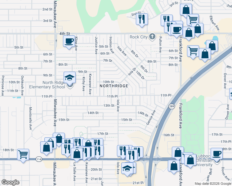 map of restaurants, bars, coffee shops, grocery stores, and more near 1101 Ironton Avenue in Lubbock