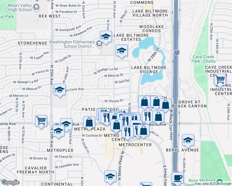 map of restaurants, bars, coffee shops, grocery stores, and more near 3044 West Mercer Lane in Phoenix
