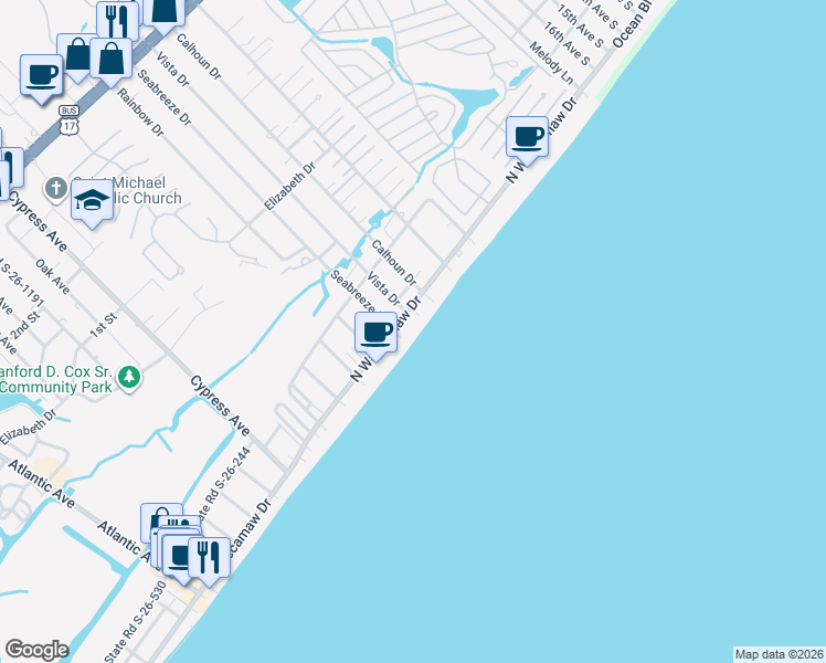 map of restaurants, bars, coffee shops, grocery stores, and more near 1120 North Waccamaw Drive in Murrells Inlet