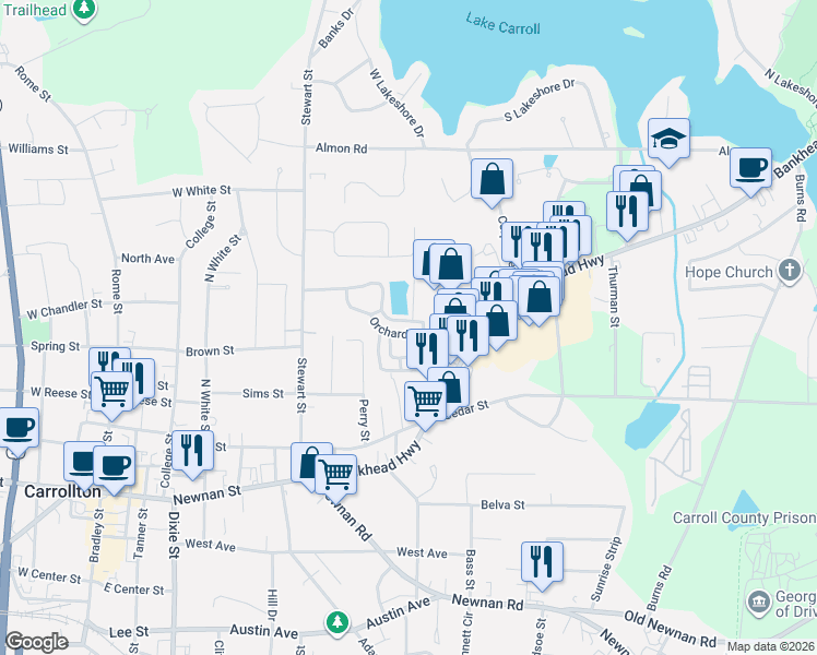 map of restaurants, bars, coffee shops, grocery stores, and more near 112 Oxford Square in Carrollton