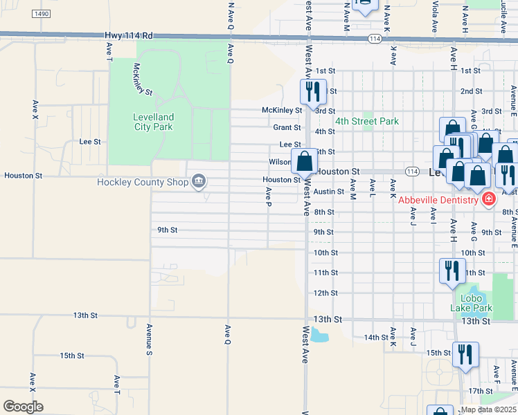 map of restaurants, bars, coffee shops, grocery stores, and more near 1706 8th Street in Levelland