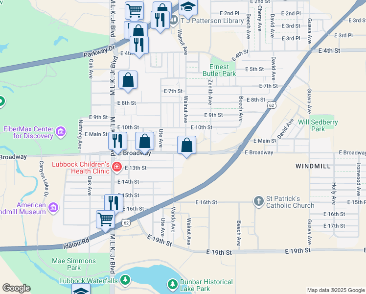 map of restaurants, bars, coffee shops, grocery stores, and more near 2119 East Broadway in Lubbock
