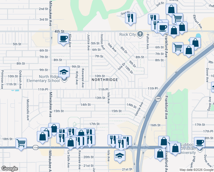 map of restaurants, bars, coffee shops, grocery stores, and more near 1101 Ironton Avenue in Lubbock