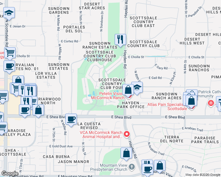 map of restaurants, bars, coffee shops, grocery stores, and more near 7911 East Desert Cove Avenue in Scottsdale