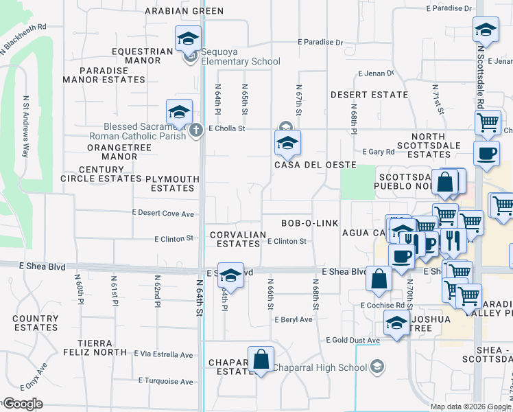 map of restaurants, bars, coffee shops, grocery stores, and more near 6530 East Desert Cove Avenue in Scottsdale