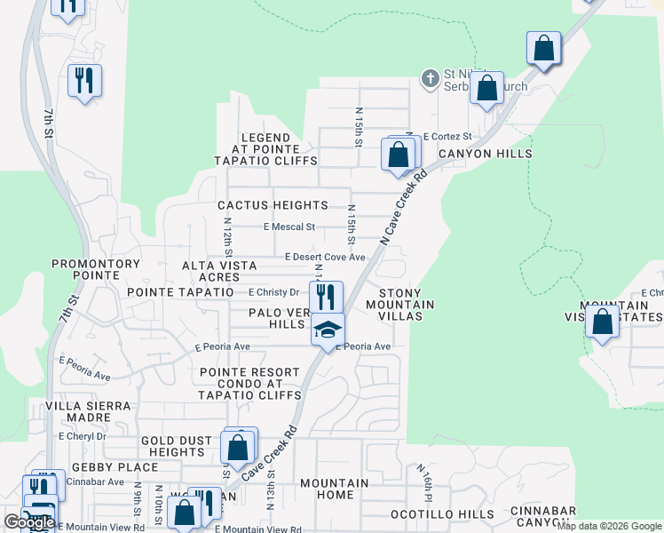map of restaurants, bars, coffee shops, grocery stores, and more near 10840 North Cave Creek Road in Phoenix