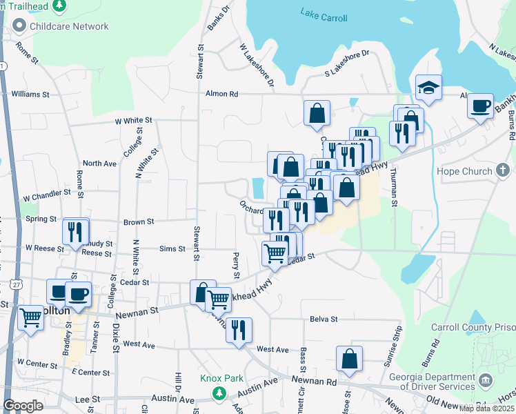 map of restaurants, bars, coffee shops, grocery stores, and more near 112 Oxford Square in Carrollton