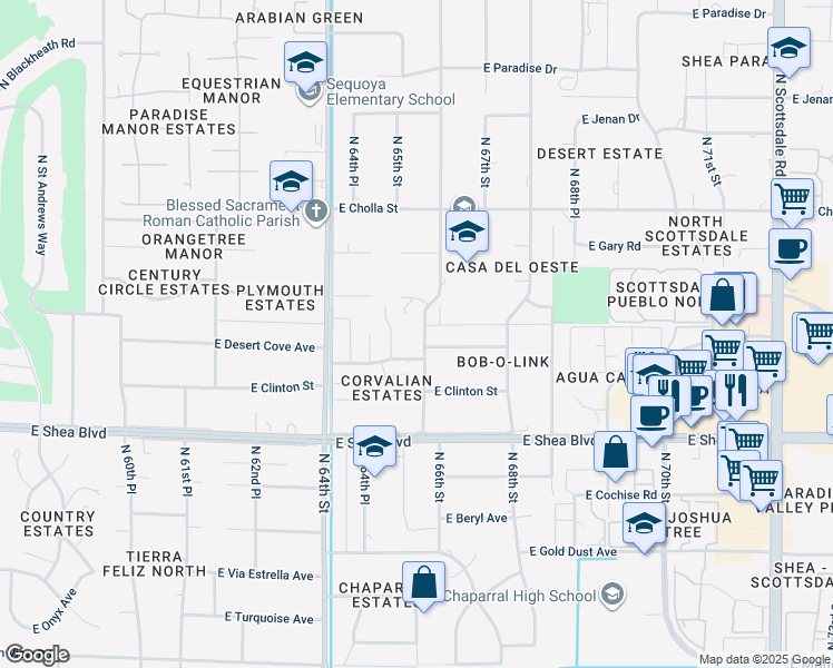 map of restaurants, bars, coffee shops, grocery stores, and more near 6530 East Desert Cove Avenue in Scottsdale