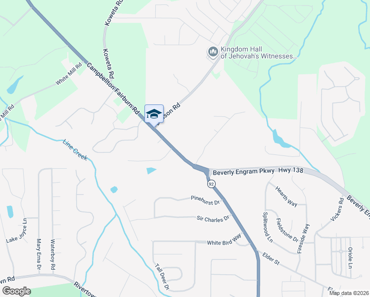 map of restaurants, bars, coffee shops, grocery stores, and more near 6280 Highway 92 in Fairburn