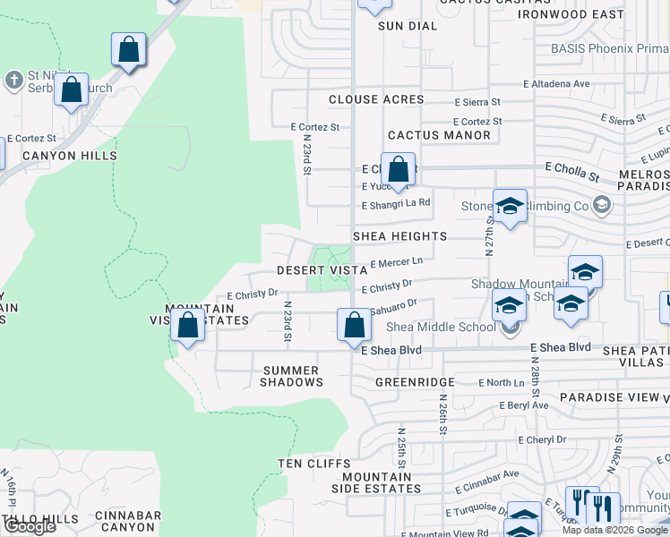 map of restaurants, bars, coffee shops, grocery stores, and more near 2352 East Christy Drive in Phoenix
