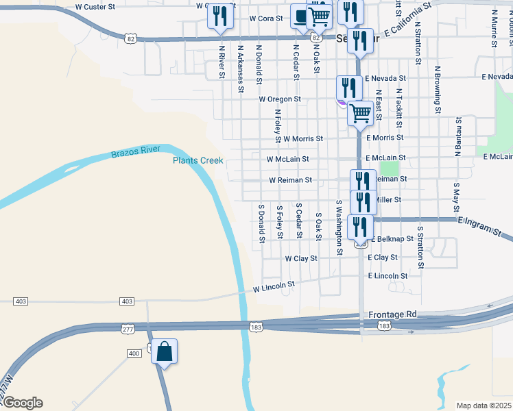 map of restaurants, bars, coffee shops, grocery stores, and more near 508 West Ingram Street in Seymour