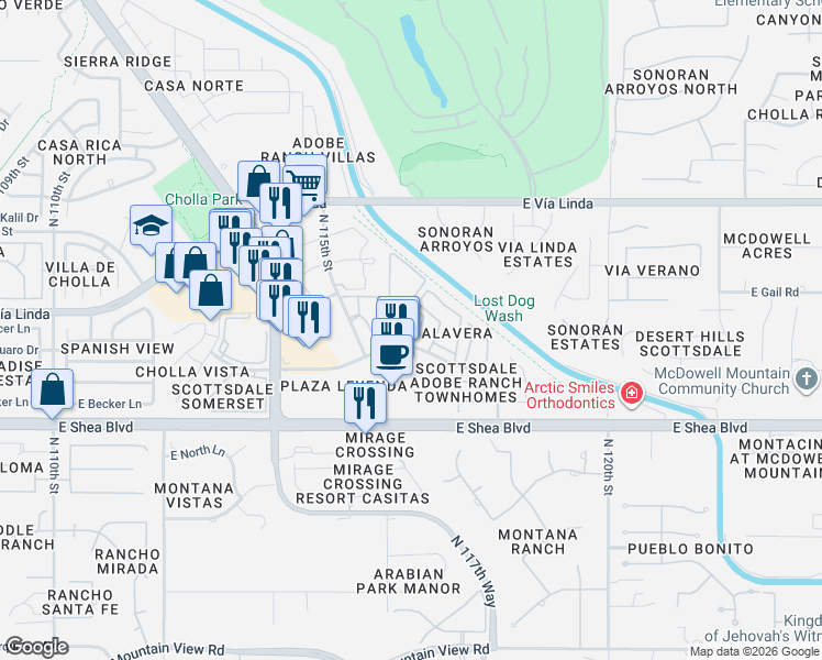 map of restaurants, bars, coffee shops, grocery stores, and more near 11620 East Sahuaro Drive in Scottsdale