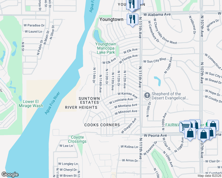 map of restaurants, bars, coffee shops, grocery stores, and more near 11343 North 113th Drive in Youngtown