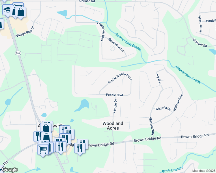 map of restaurants, bars, coffee shops, grocery stores, and more near 70 Pebble Brooke Pass in Covington