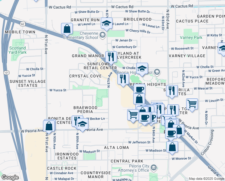 map of restaurants, bars, coffee shops, grocery stores, and more near 18 North 87th Avenue in Peoria