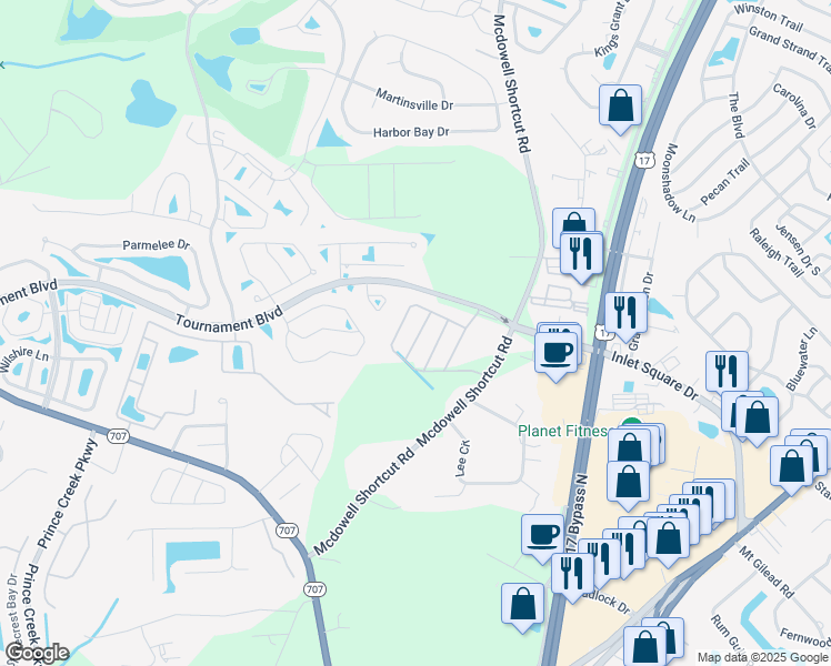 map of restaurants, bars, coffee shops, grocery stores, and more near 11104 Mcdowell Shortcut Road in Murrells Inlet