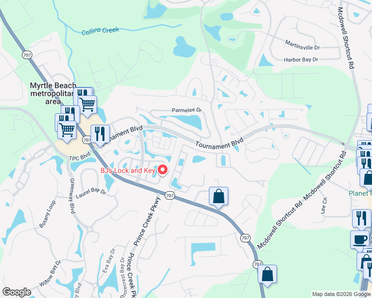 map of restaurants, bars, coffee shops, grocery stores, and more near 460B Woodpecker Lane in Murrells Inlet