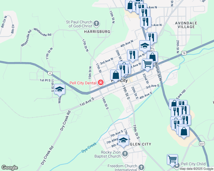 map of restaurants, bars, coffee shops, grocery stores, and more near 1701 1st Avenue South in Pell City