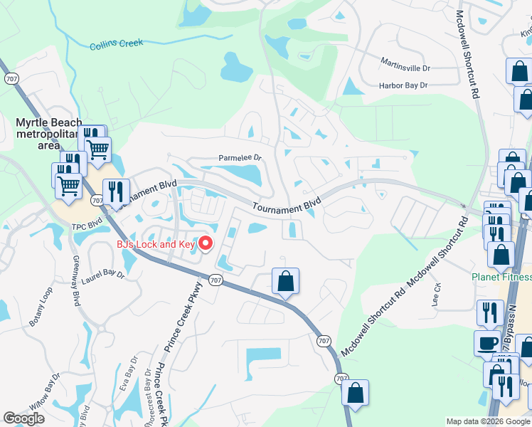 map of restaurants, bars, coffee shops, grocery stores, and more near 163 Chenoa Drive in Murrells Inlet