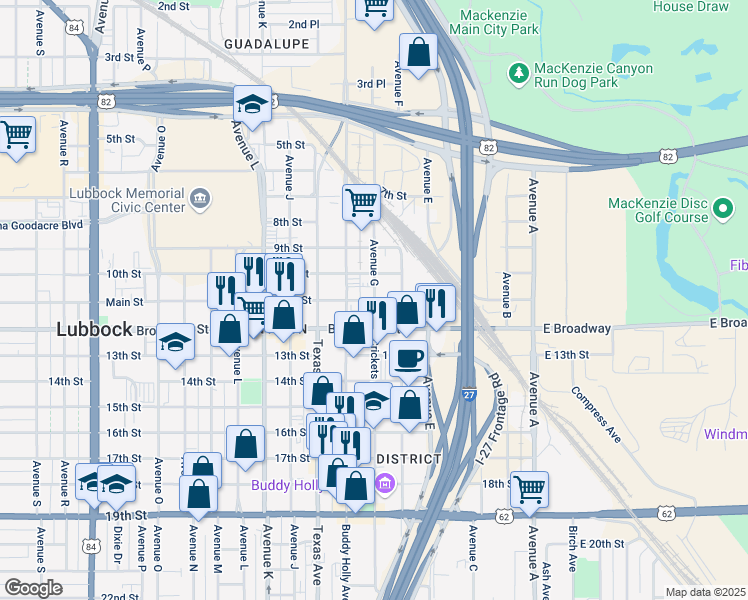 map of restaurants, bars, coffee shops, grocery stores, and more near 1801 Avenue G in Lubbock