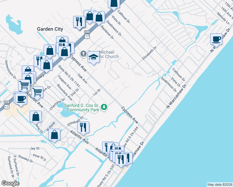 map of restaurants, bars, coffee shops, grocery stores, and more near 302 Cypress Avenue in Murrells Inlet
