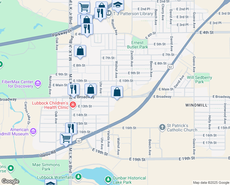 map of restaurants, bars, coffee shops, grocery stores, and more near 2119 East Broadway in Lubbock
