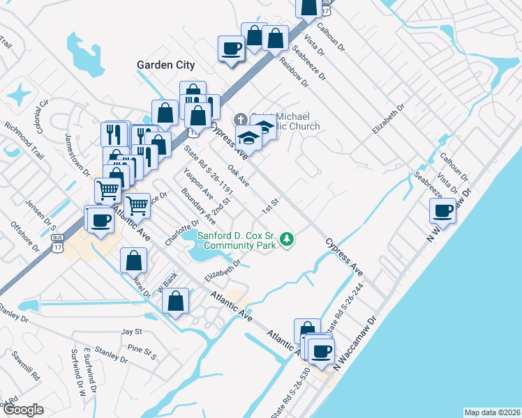 map of restaurants, bars, coffee shops, grocery stores, and more near 433 Pine Avenue in Murrells Inlet