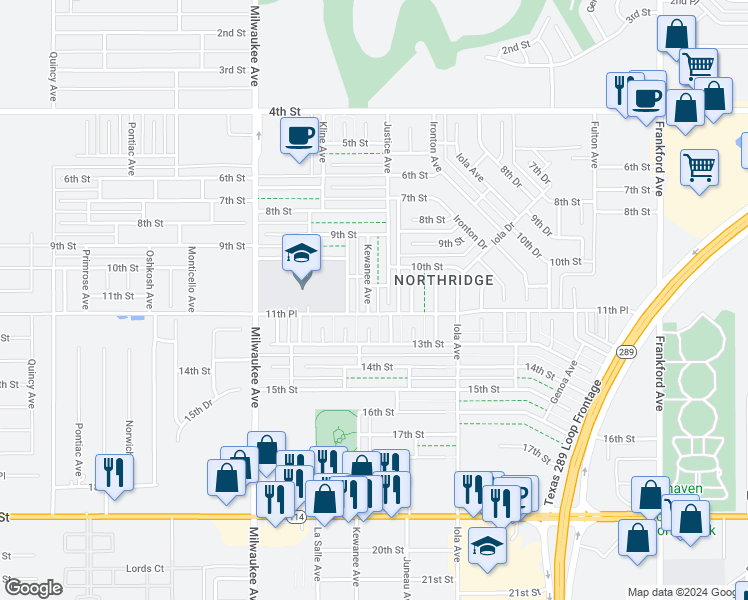 map of restaurants, bars, coffee shops, grocery stores, and more near 1011 Kewanee Avenue in Lubbock