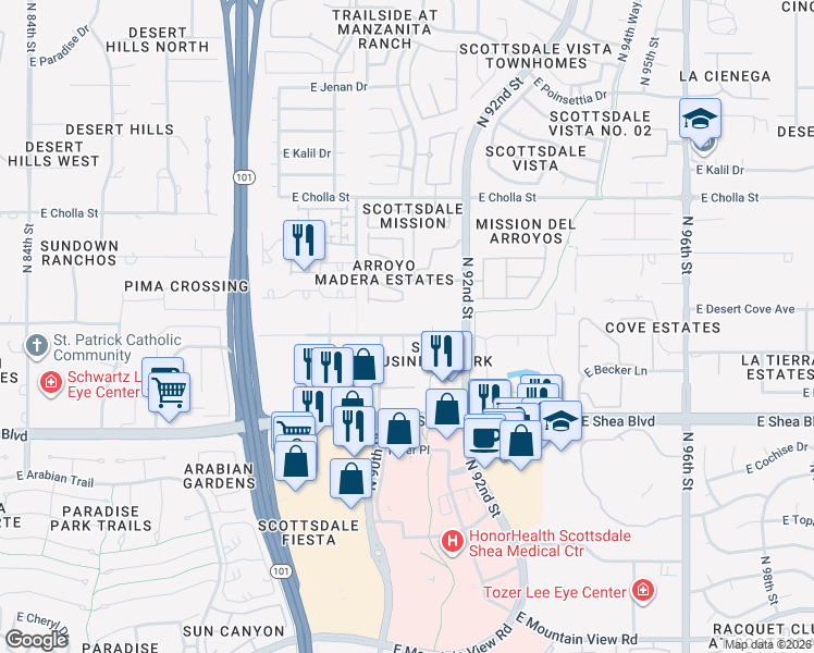 map of restaurants, bars, coffee shops, grocery stores, and more near 9097 East Desert Cove Avenue in Scottsdale