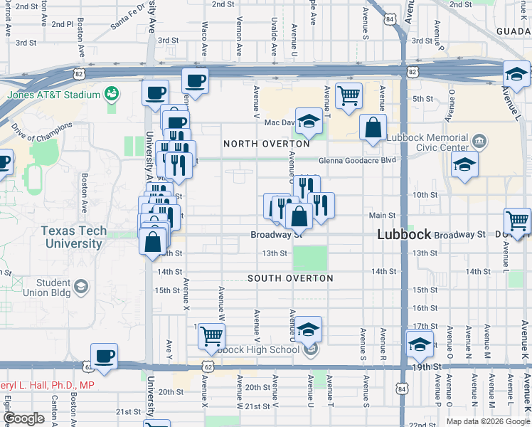 map of restaurants, bars, coffee shops, grocery stores, and more near 2118 Broadway Street in Lubbock
