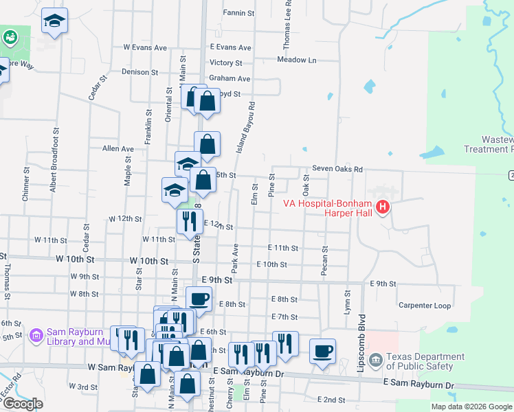 map of restaurants, bars, coffee shops, grocery stores, and more near 1220 Elm Street in Bonham