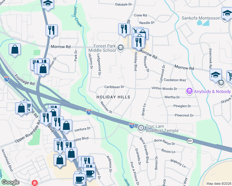 map of restaurants, bars, coffee shops, grocery stores, and more near 6200 San Juan Street in Forest Park