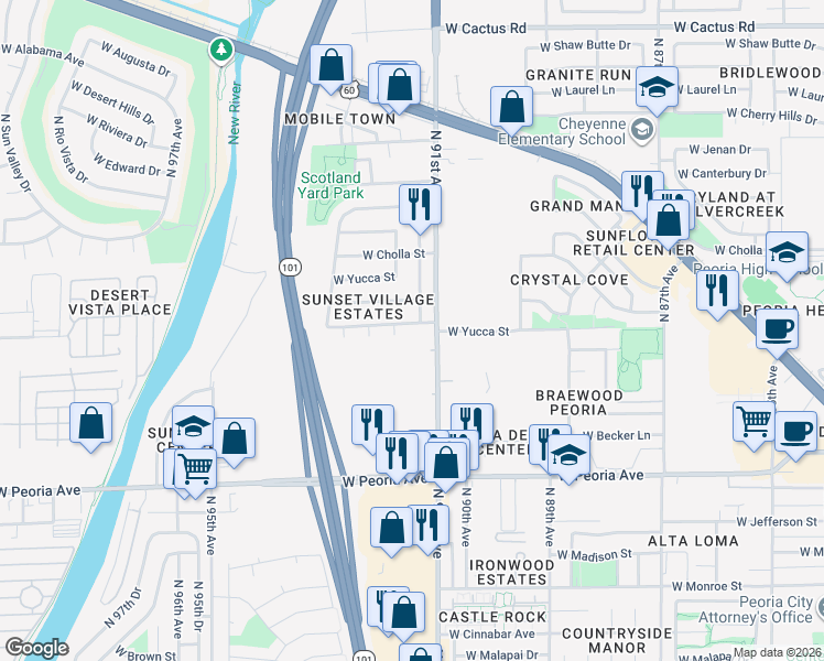 map of restaurants, bars, coffee shops, grocery stores, and more near 11000 North 91st Avenue in Peoria